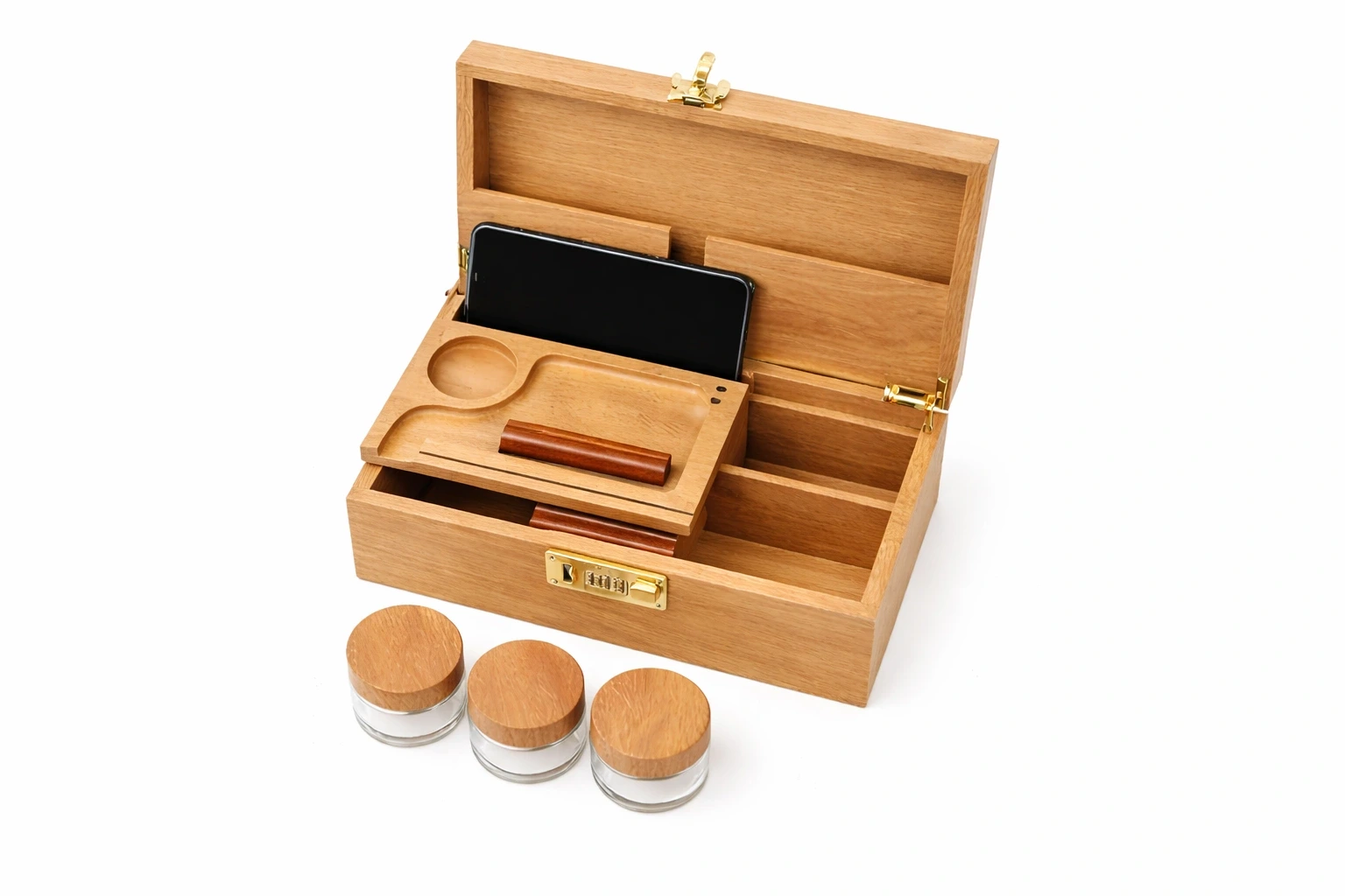 Premium Holzbox mit Zahlenschloss geöffnet